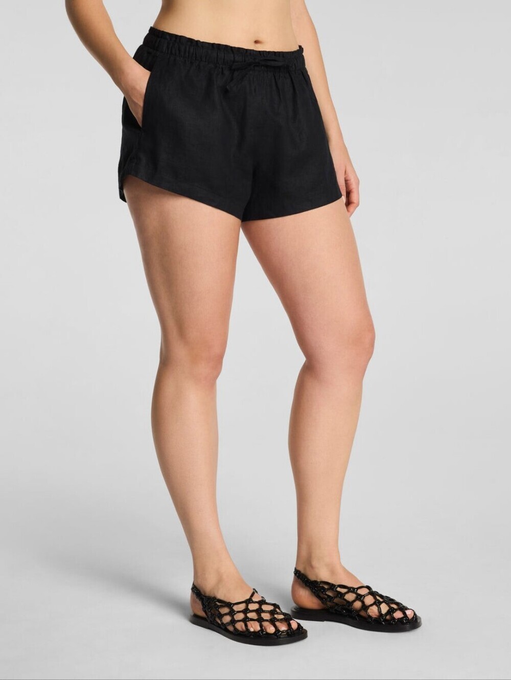 SPANX Linen Drawstring Beach Shorts Black Relaxed Pull-On Summer Size M